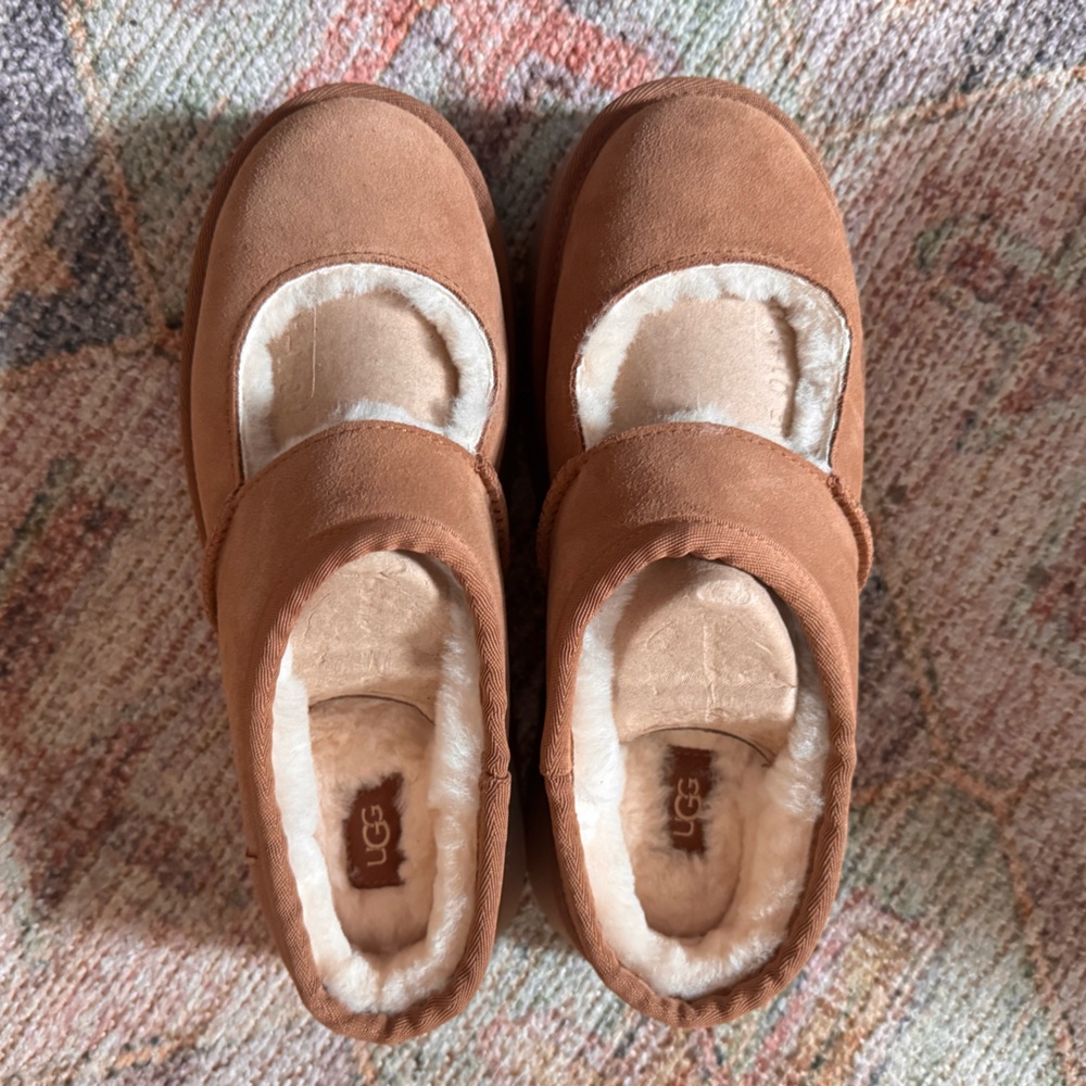 UGG Chestnut Suede Mary Jane Slippers with Shearling Trim - NEW + UNWORN!